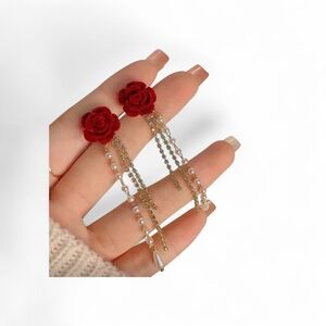 Elegant Red Rose Faux Pearl & Rhinestone Chain Dangle Drop Earrings New!